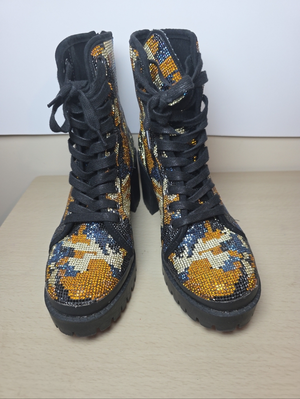 Steve Madden Black Lace-Up Combat Boots Gold Blue Crystal Lugs Maximalist 8